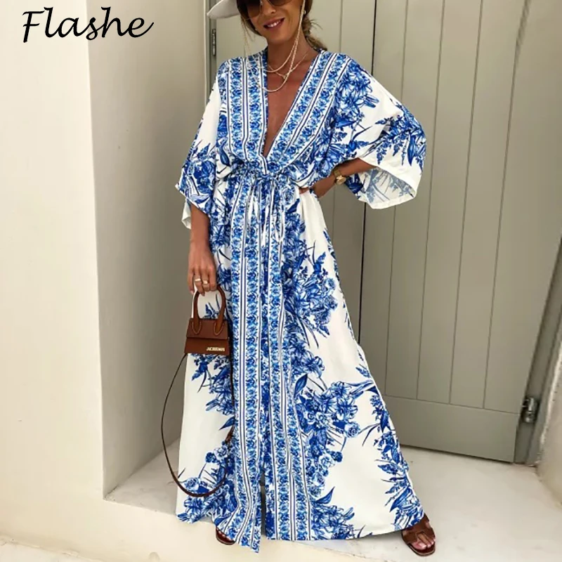 

Elegant Long Dress Boho V Neck Half Sleeve Loose Beach Dress Women Vintage Print Maxi Dresses For Women Fashion Party Robe