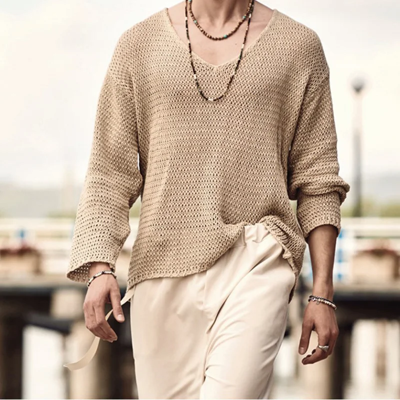 Autumn Men Long Sleeve T Shirt Vintage Solid Knitting Tops Mens Casual Loose V Neck Tee Fashion Male Knitted Clothing Streetwear |