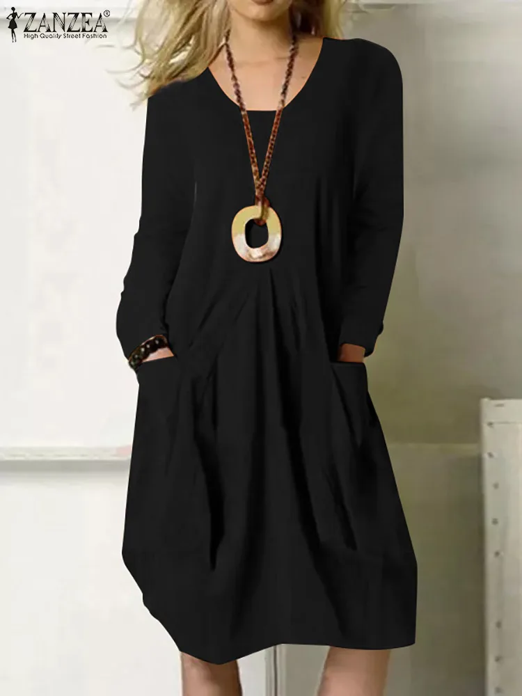 

Модель 2022 года, однотонные свободные платья ZANZEA с круглым вырезом, женское осеннее платье-миди с длинным рукавом, стильный элегантный сараф...