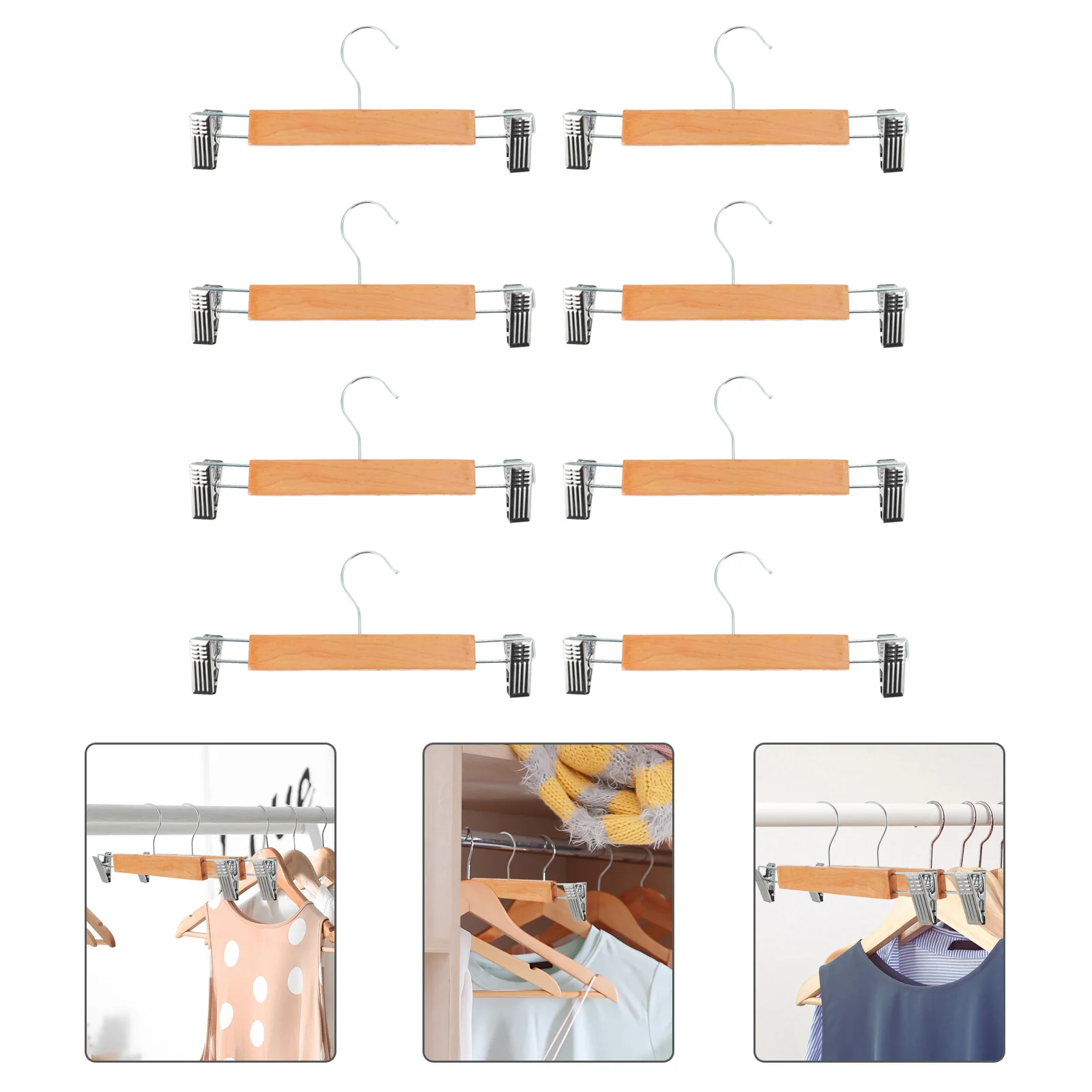 

8pcs Stainless Steel Pants Hanger Wooden Suit Hangers Skirt Hanging Hanger with Clip