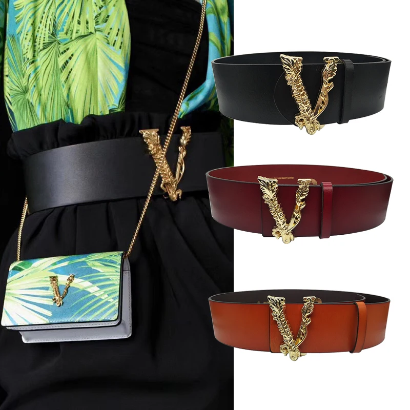2021 Luxuey Designer High Quality Split Leather Wide 7CM Women Belts Letters Buckle Waist Cummerbunds for Dress