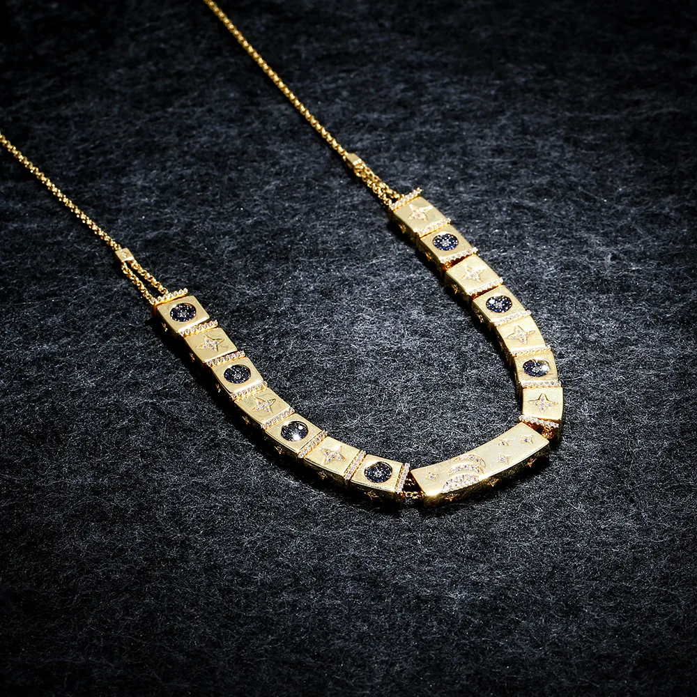

APM STYLE High Quality 925 Sterling Silver With Diamonds Star-moon Rectangular Necklace Heavy Metal Golden Choker