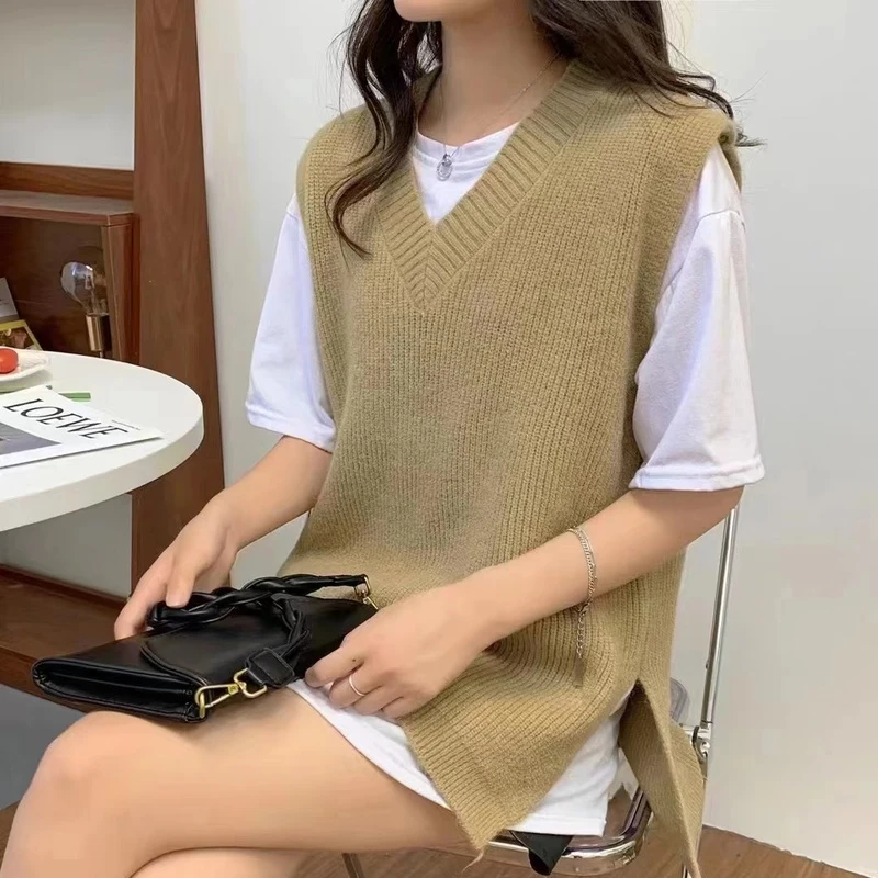 

Sweater Vest Autumn Sleeveless Loose Knitted Sweater Fashion Tops Casual Solid Color V-Neck Women Sweater Pullover Female 23009