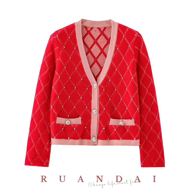 Tweed Long-sleeved Cardigan for RUANDAI 2022 Spring and Autumn New Red V-neck Diamond-encrusted Diamond Knitted Cardigan Women