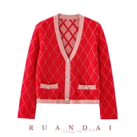 tweed long sleeved cardigan for ruandai 2022 spring and autumn new red v neck diamond encrusted diamond knitted cardigan women