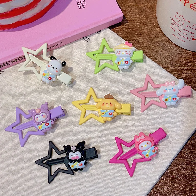 

Kawaii Sanrio Hello Kitty Cinnamoroll Kuromi Hair Clips Cute Cartoon Pentagram Hair Clips Girls Bangs Hair Accessories Wholesale