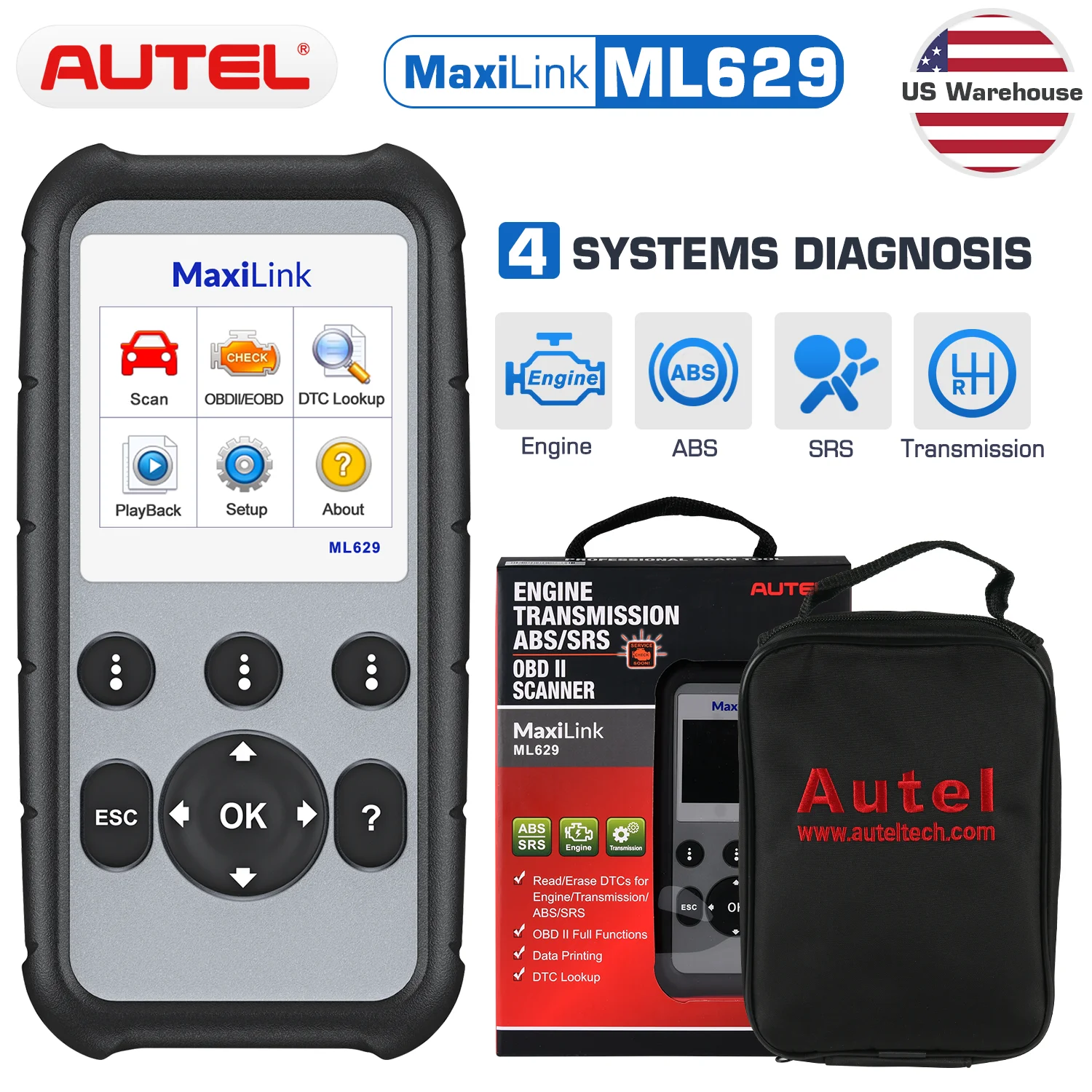 Autel MaxiLink ML629 OBD2 Scanner ABS SRS Engine Transmission Diagnoses OBD II Full Functions PK ML619 for DIYers Professionals |