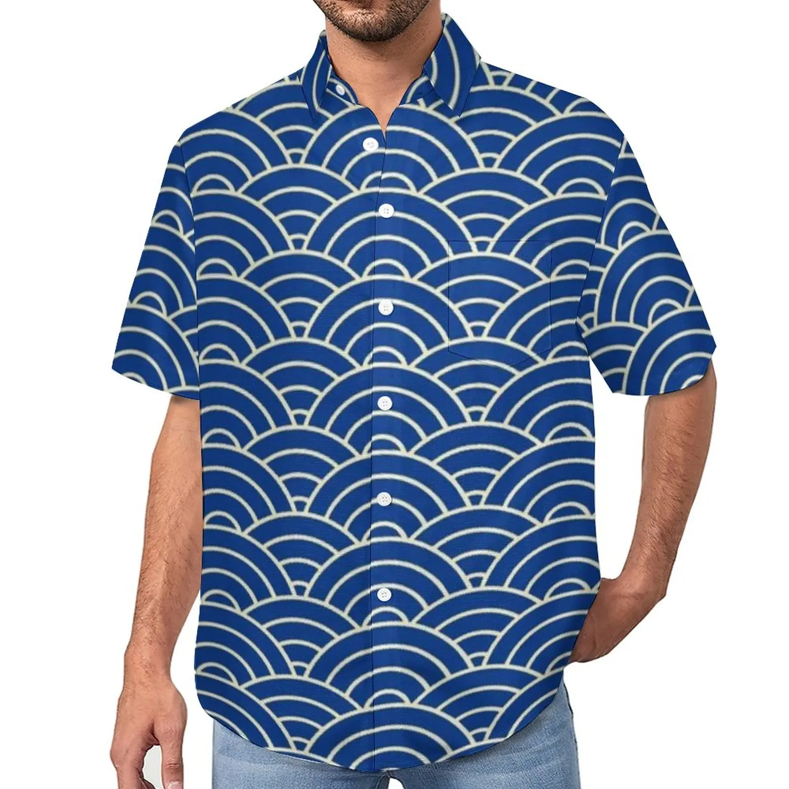 

Blue Seigaiha Print Casual Shirt Japanese Waves Beach Loose Shirt Hawaii Vintage Blouses Short Sleeve Custom Oversize Tops