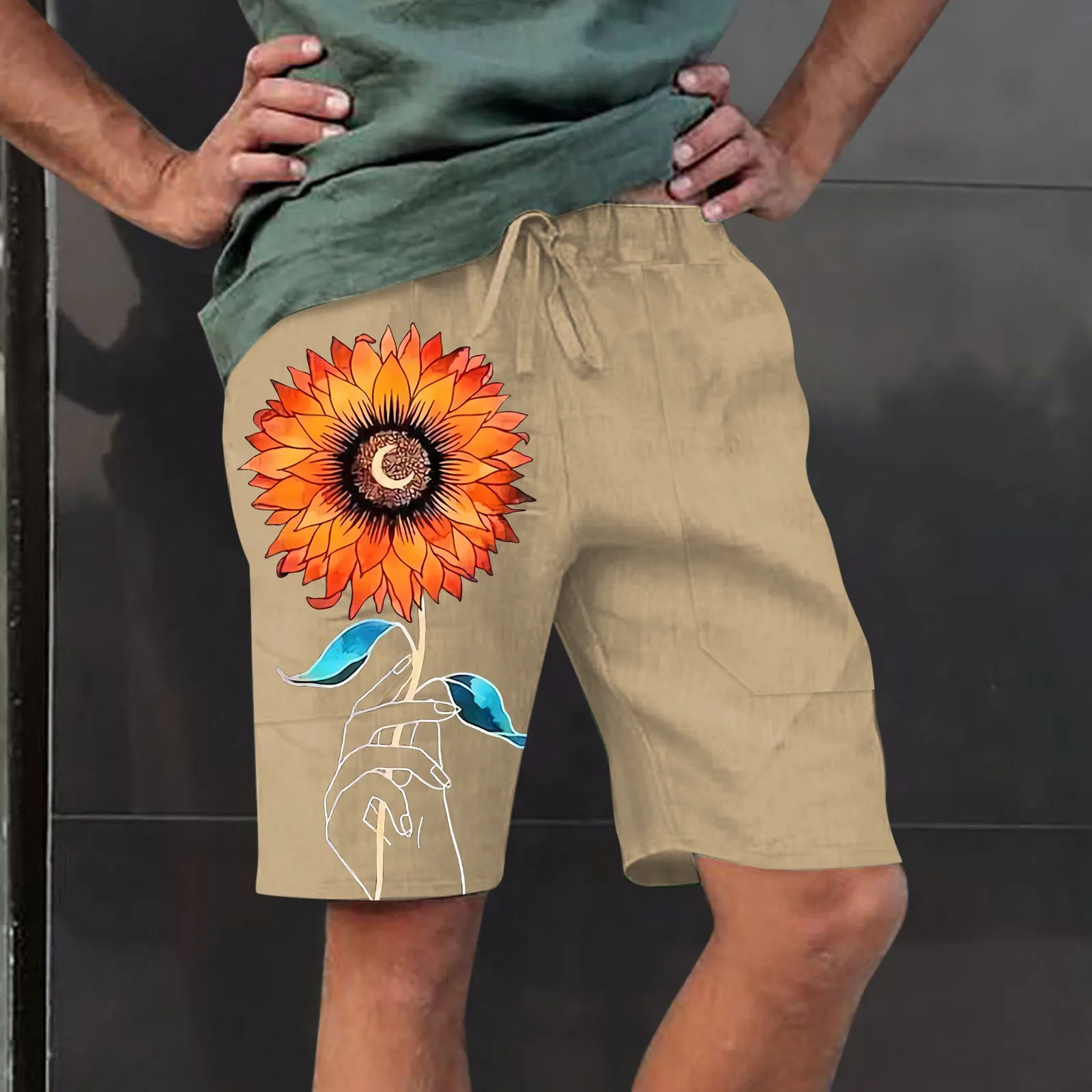 

Linen Mens Shorts Sunflower Summer Short Male Cotton Knee Length Sweatpants Wide Leg Bermuda Beach Short Large Size Joggers