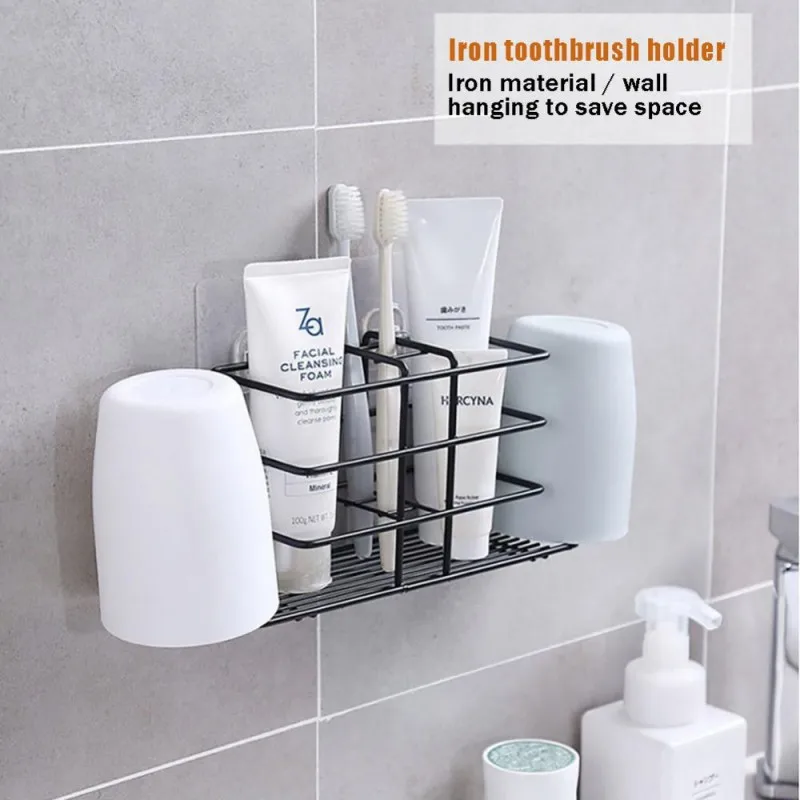 

Стеллаж для хранения в ванной комнате, удобный настенный стеллаж из кованого железа для зубных щеток, прочный стакан для полоскания рта, можно переворачивать 2 крючка бесплатно