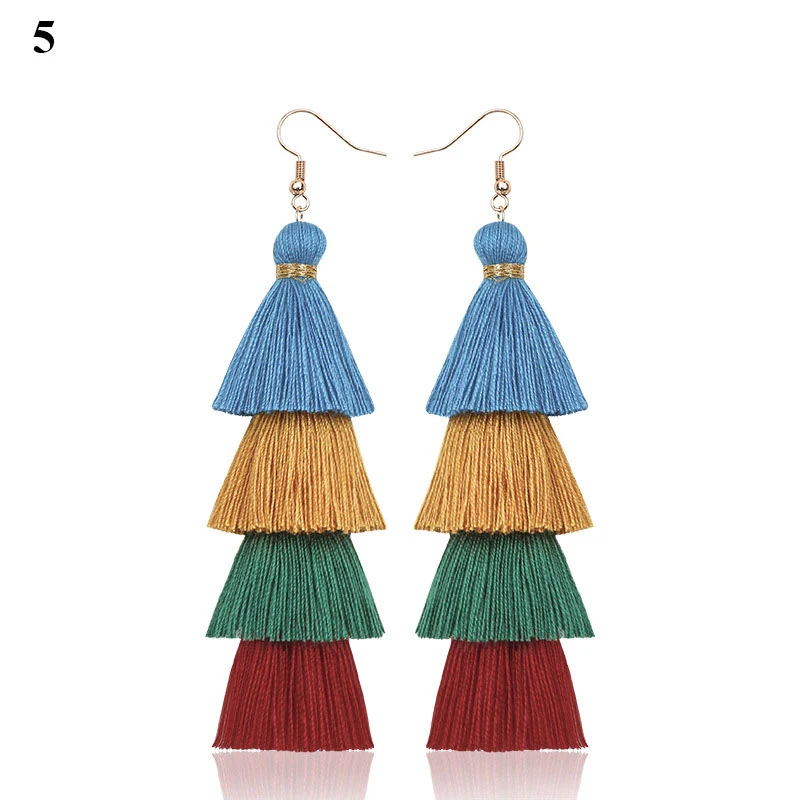 Богемные 4 серьги длинная бахрома разноцветные искусственные большие висячие в