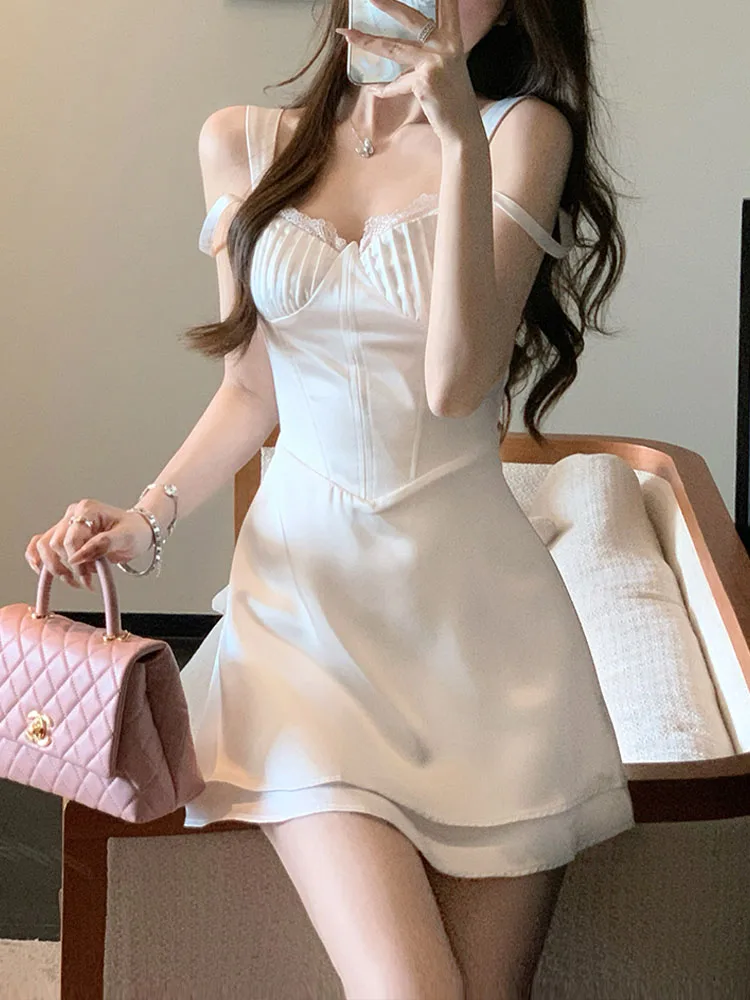 

Satin Dress for Women Sleeveless Streetwear Party Dress Sweet Lace Mini Slash Neck Spaghetti Strap 2023 New Spring Summer Dress