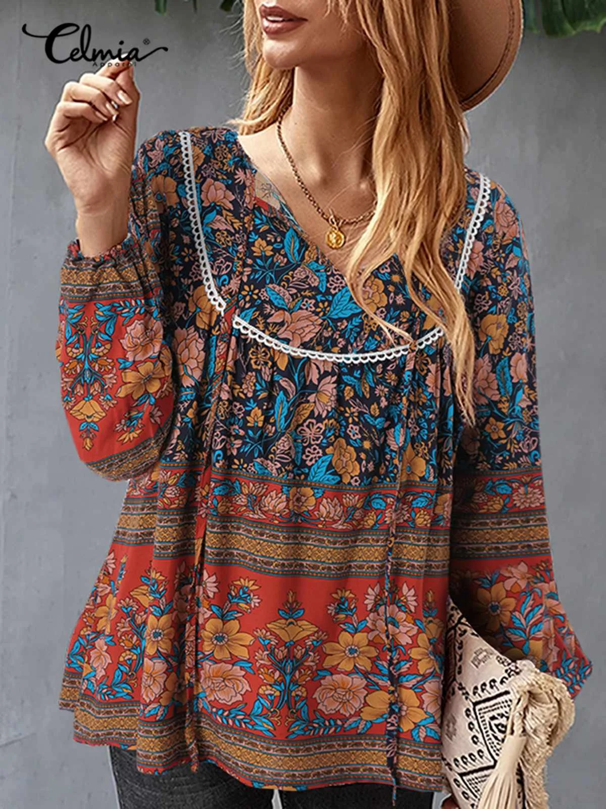 

Повседневные свободные кружевные топы Celmia, винтажные женские блузки с цветочным принтом, богемная рубашка с длинным рукавом и V-образным вы...