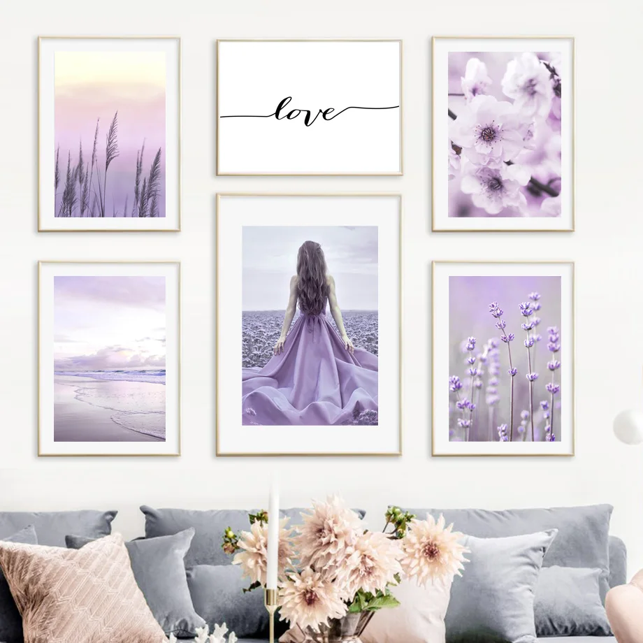 Фиолетовая лаванда цветок океан женщина лошадь цитаты настенное искусство холст