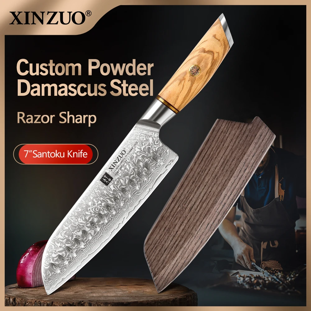XINZUO-cuchillo Santoku de 7 pulgadas, herramienta de cocina con patrón de acero de Damasco Real, 73 capas, profesional, hoja afilada, para verduras