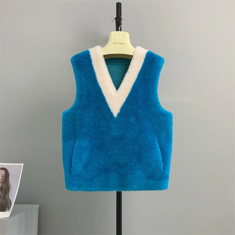 100% genuine wool Out season special ins grain sheep sheared vest lamb fur one young Korean color contrast