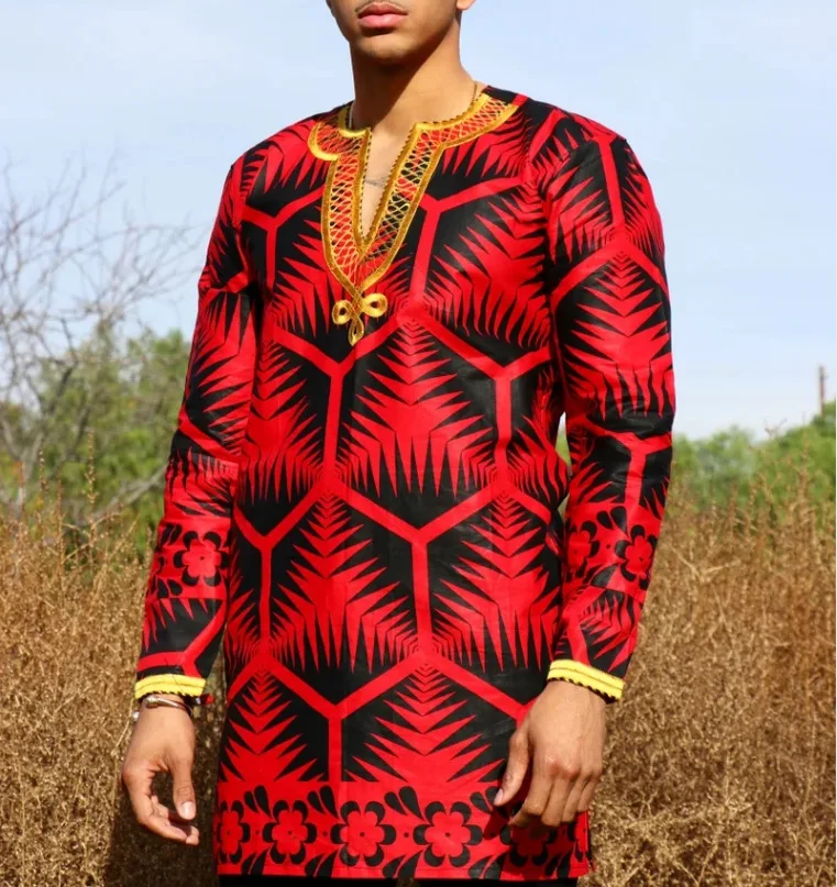 Ethnic Print Long-sleeved Fashionable Men's Shirt