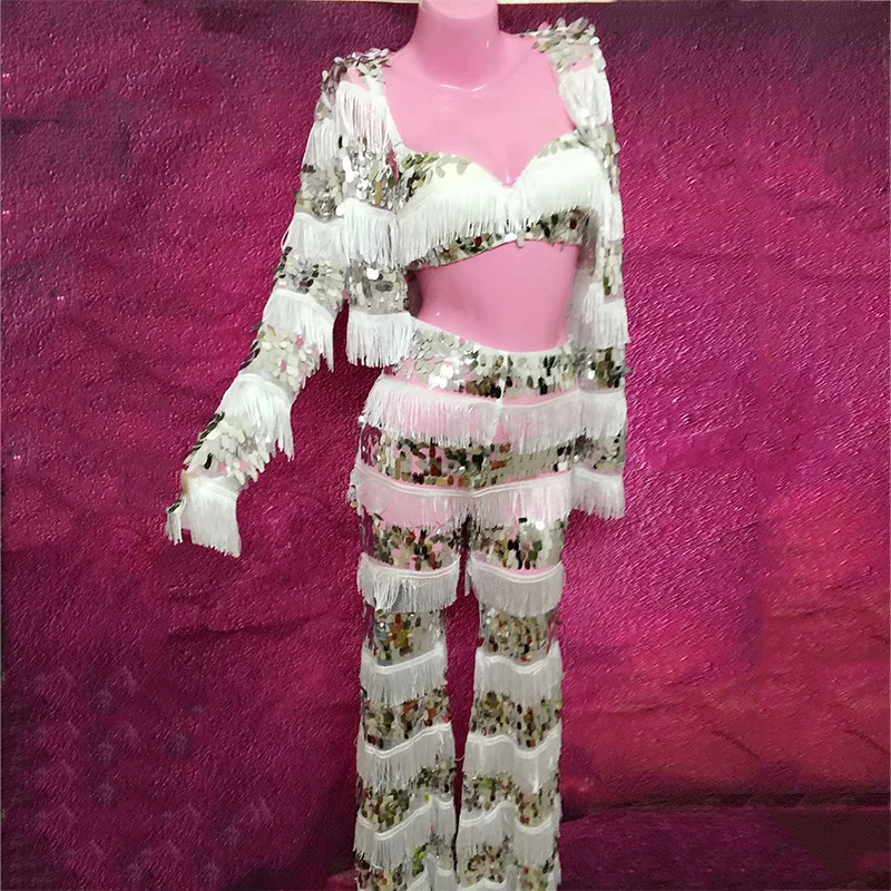 

Jazz Costumes For Women Sequins Tassels Coat Pants Sexy Pole Dance Clothing For Woman Stage Show Clubwear Rave Outfits DT506