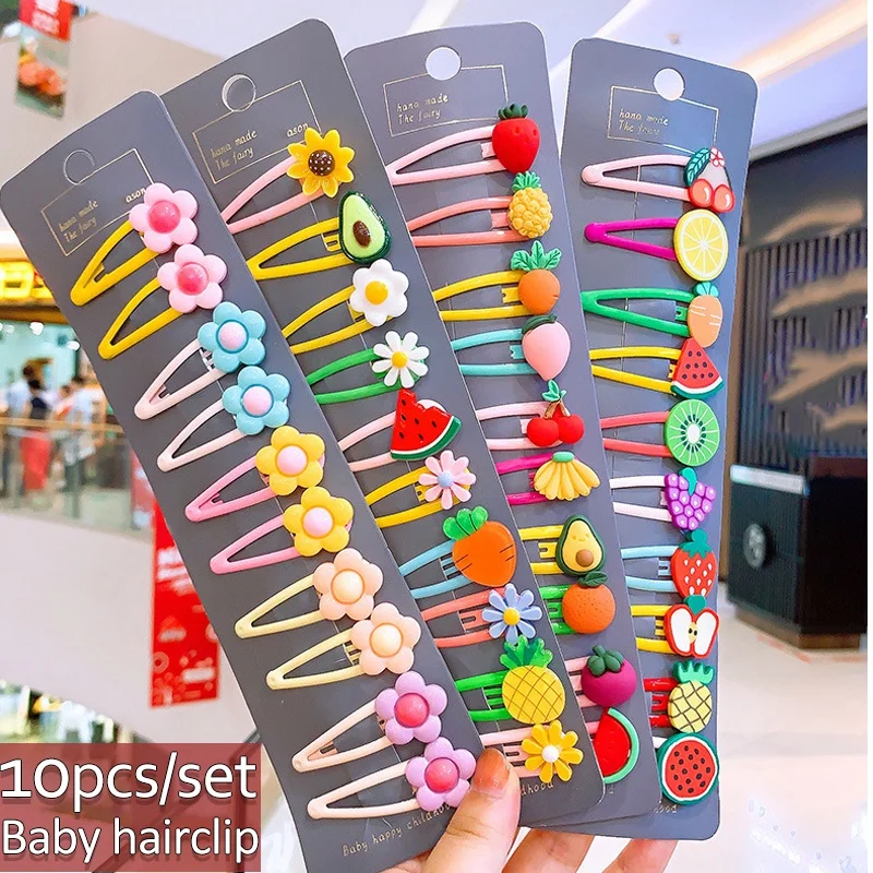 

10 Pieces High Quality Cartoon Fruit Snap Hair Clips for Kids Solid Matel Hairpins Girls Hair Accessories Flowers Clips