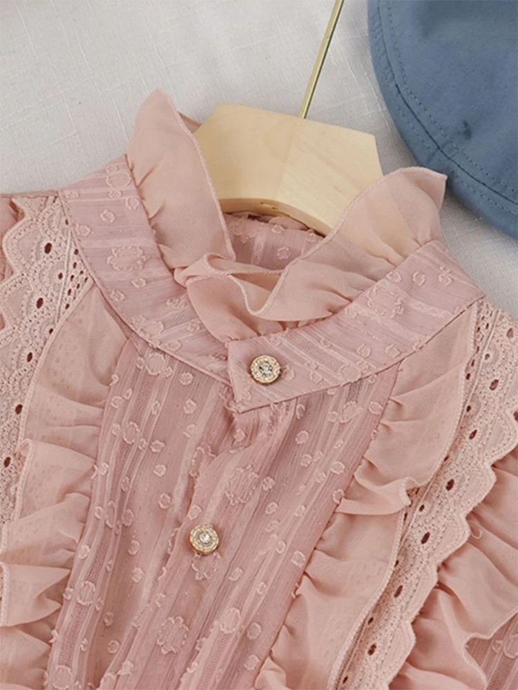 Женская кружевная рубашка в стиле Харадзюку розовая Элегантная блузка с длинным