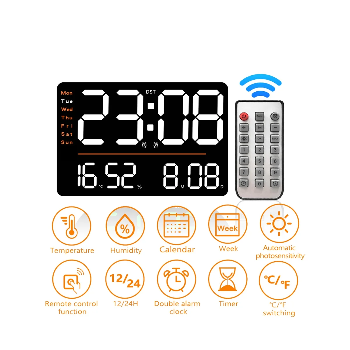

LED Digital Wall Clock Temperature Humidity Electronic Clock Remote Brightness Adjustable Clock for Bedroom Office Decor
