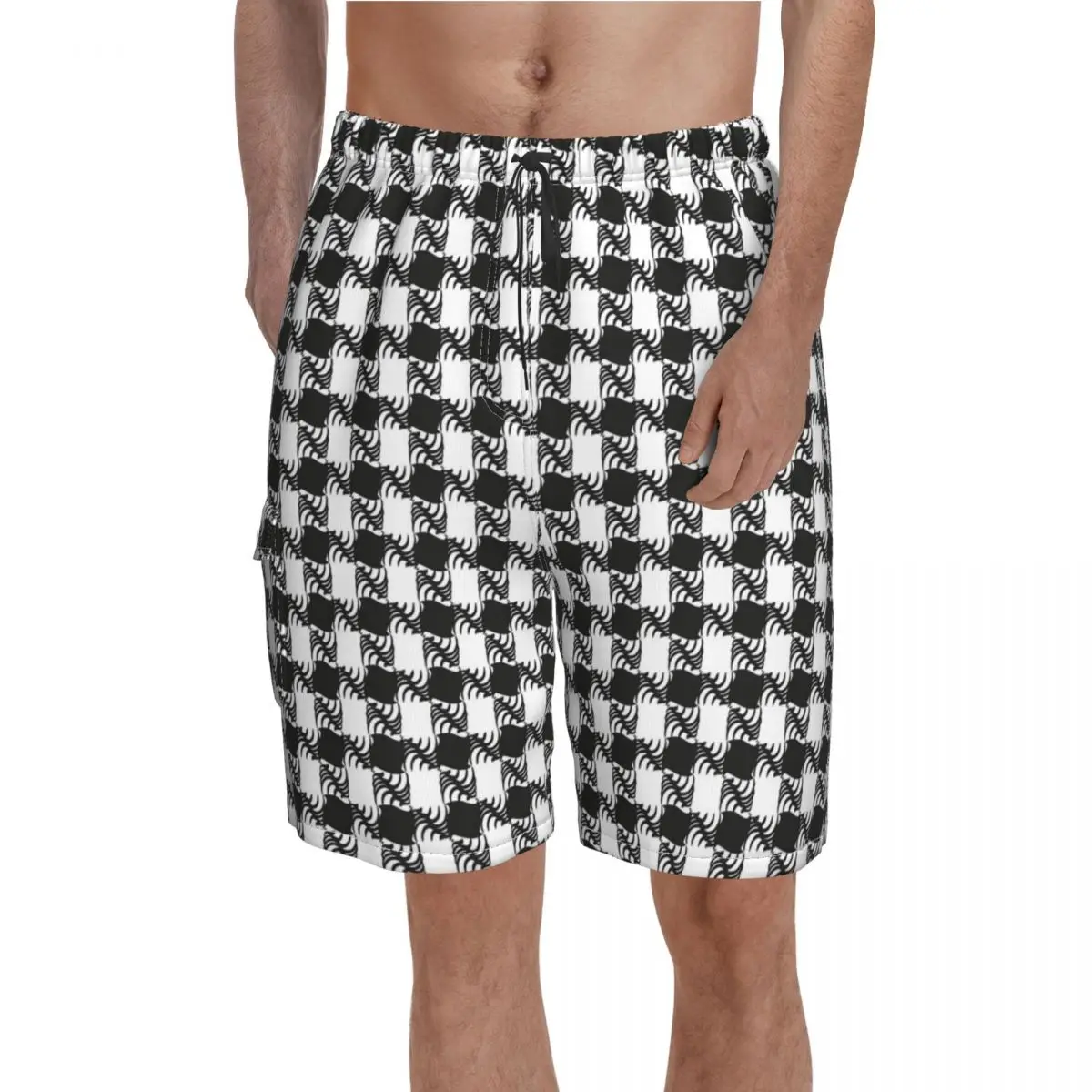 

Abstract Houndstooth Board Shorts Black White Plaid Board Short Pants Trenky Men Classic Custom Swim Trunks Plus Size 2XL