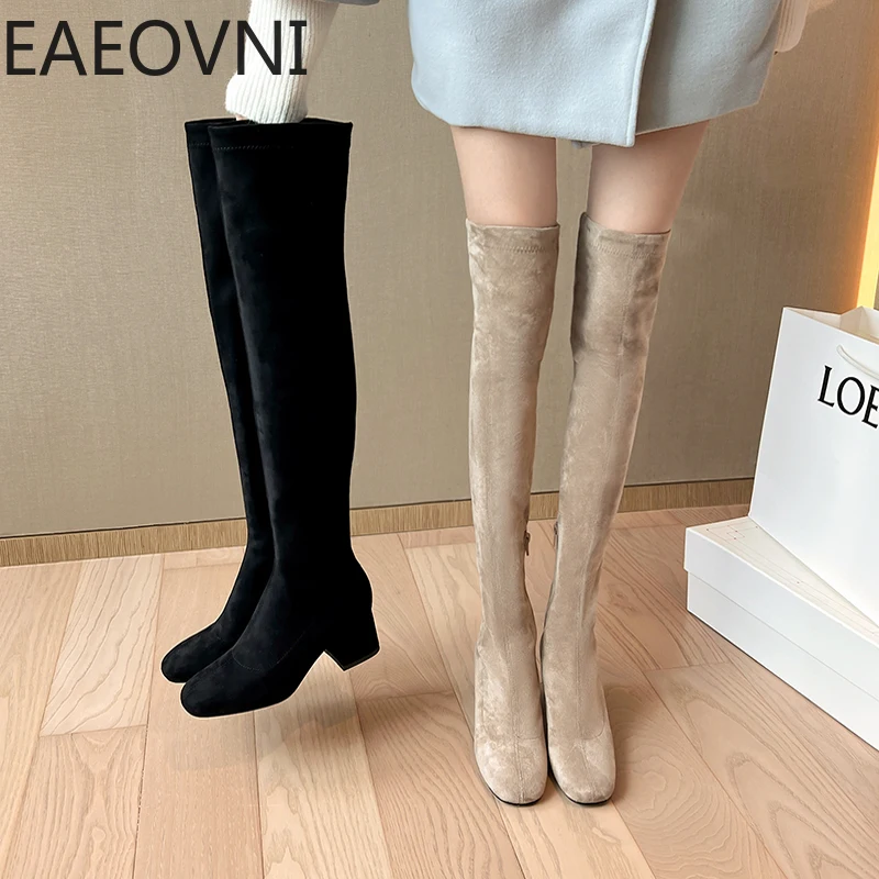 

Stretch Cloth Long Boots Women Fashion Slip On Square Heel Over the Knee High Boots Winter Shoes Ladies Elegant Mordern Booties