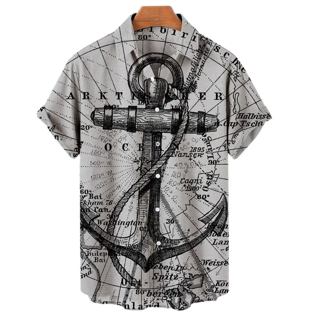 

2022 Short Sleeve Hawaiian Shirts Men Quick Dry Plus Size M-5XL Casual Anchor Printed Beach Summer Shirts