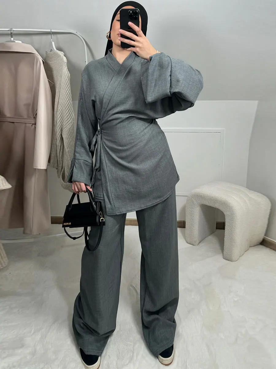 Модный однотонный турецкий топ на шнуровке и брюки с широкими штанинами комплект