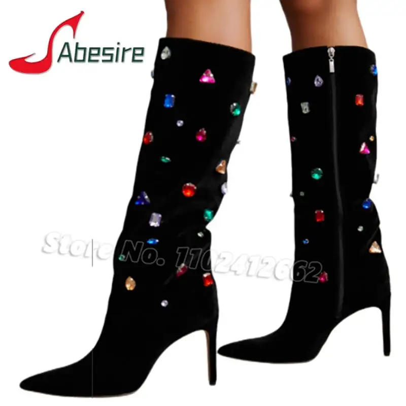

Черные замшевые эластичные сапоги, привлекательные зимние модные сапоги до колена с острым носком на тонком высоком каблуке и боковой молнией, женская обувь