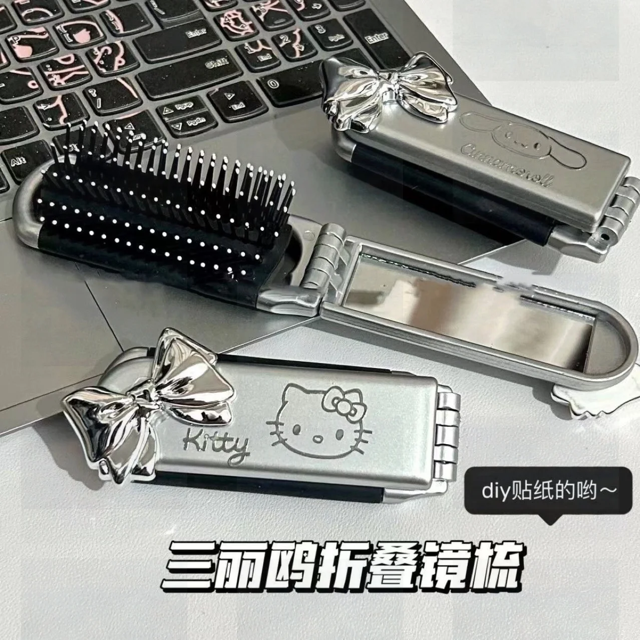 

Складная расческа для волос Hello Kitty Sanrio, Стилизация волос с зеркалом, My Melody Cinnamoroll аниме портативная дорожная маленькая расческа, инструменты