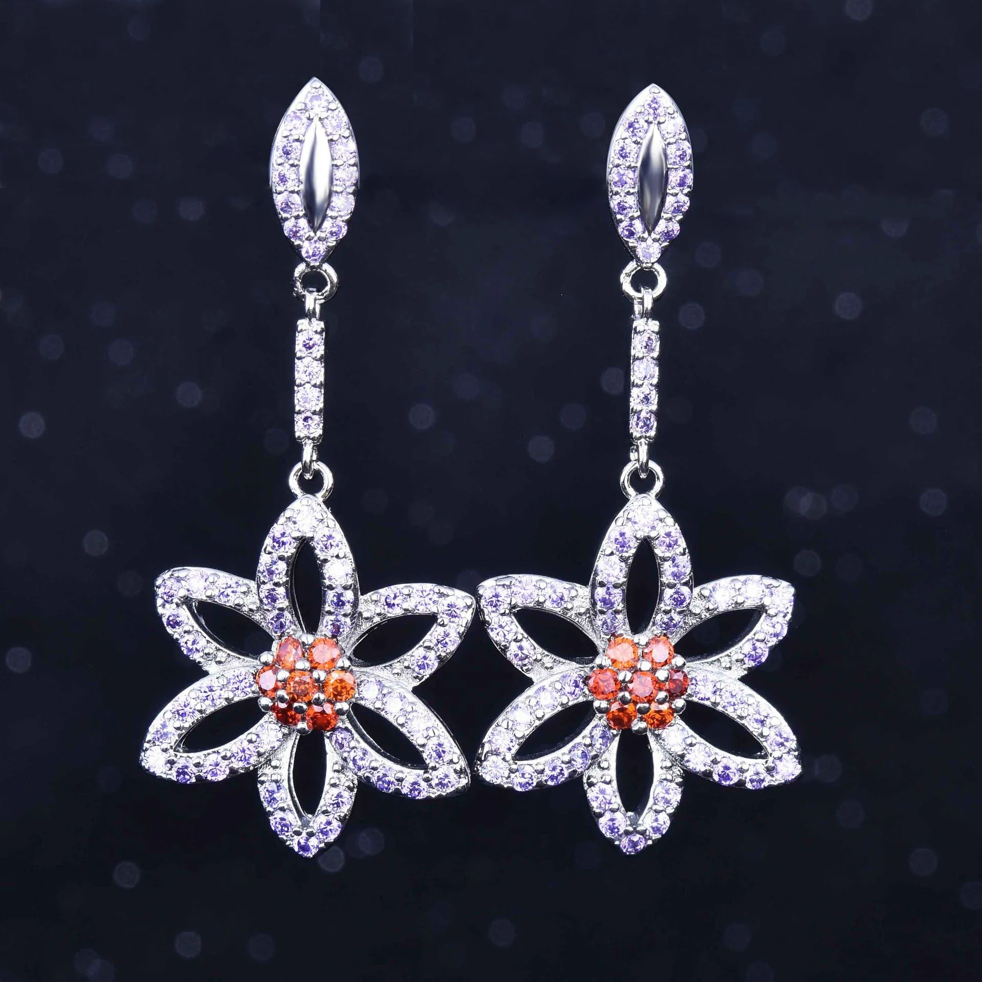 

925 Creative Hollow Flower Drop Earrings Solid 14K White Gold Pink Topaz Side Stone Gemstone Aros Mujer Oreja Wedding Orecchini