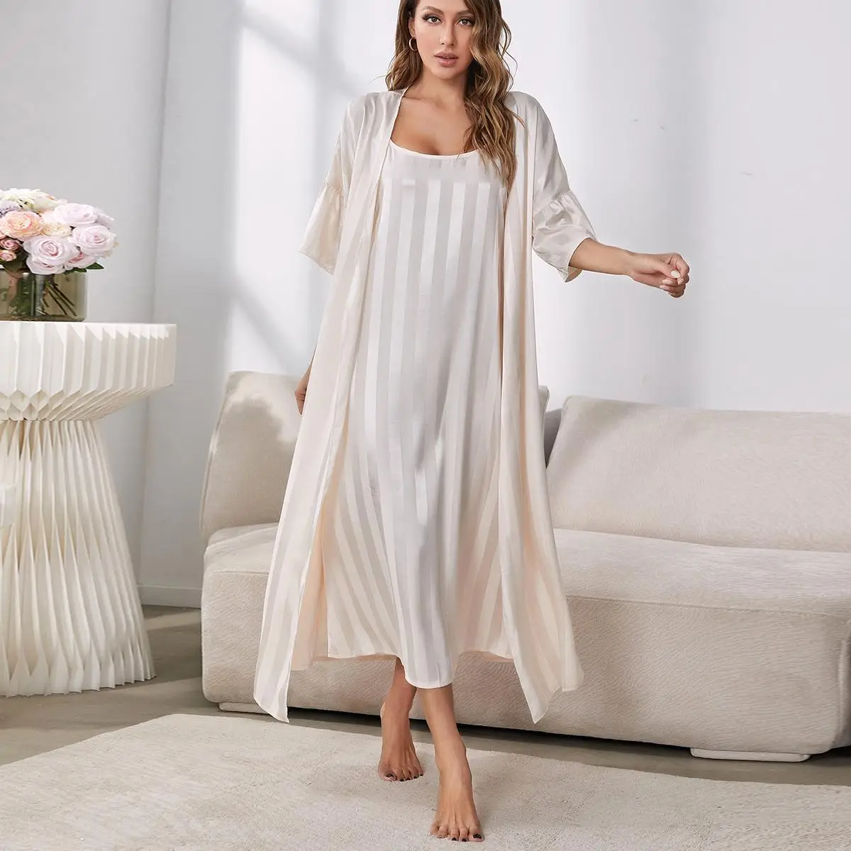 

Nightgown Long Women's Summer Two Piece Set Imitation Silk Suspender Nightdress Robes for Women Satin Robe