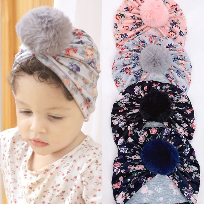 

Cute Faux Fur Ball Baby Kids Turban Hat Floral Print Infant Headwrap Bonnet