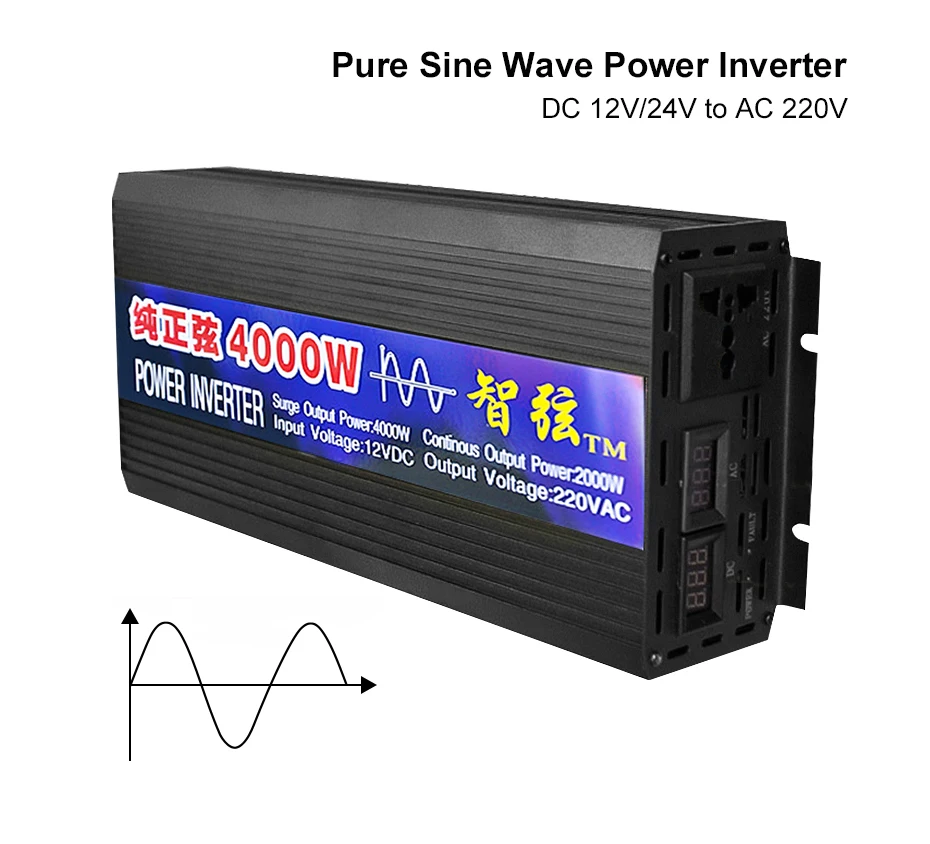 

New Pure Sine Wave Inverter 2000W 3000W 4000W Power Solar Car Inverters With LED Display DC 12V 24V To AC 220V Voltage Converter