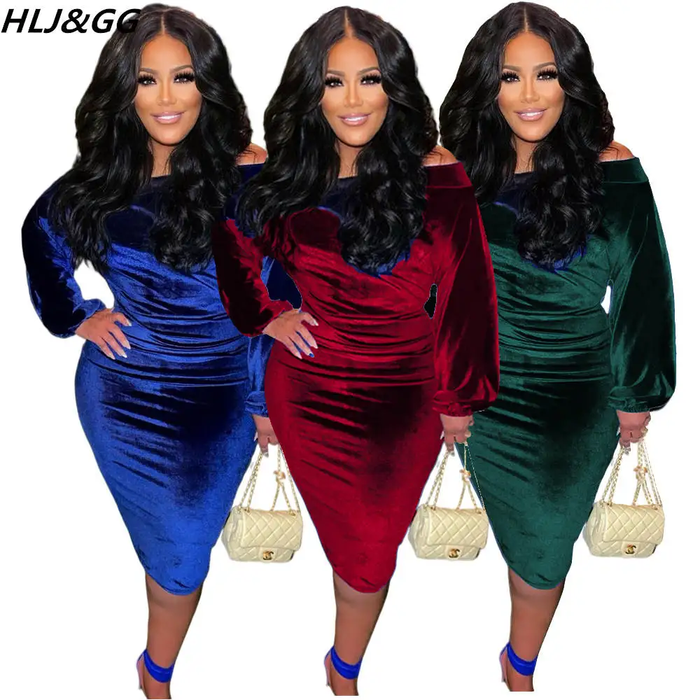 

HLJ&GG Elegant Velvet Slim Knee Dresses Sexy Off Shoulder Long Sleeve Bodycon Dress Women Stacked Party Club Vestidos L-5XL 2022