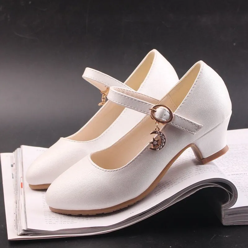 

Children Girls Leather Shoes White Princess High Heel Shoes For Kids Girls Dress Party Shoes Student Show Dance Sandals 26-41