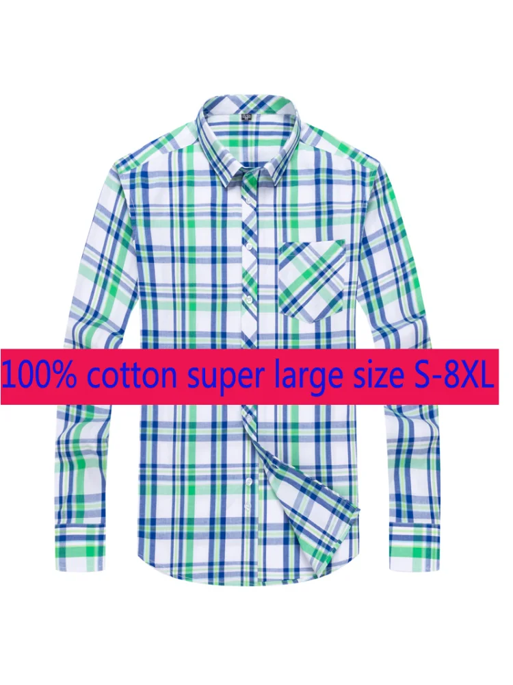 New Arrival Super Large Fashion 100% Pure Cotton Plaid Long Sleeve Summer Thin Loose Casual Shirts Men Shirt Plus Size S-7XL 8XL images - 6