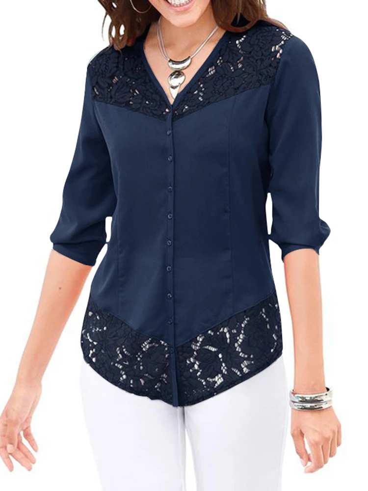 

2023 ZANZEA Elegant Vintage Solid Color Shirts Spring Lace Patchwork Blouse Female 3/4 Sleeve V-Neck Tops Casual Loose Blusas