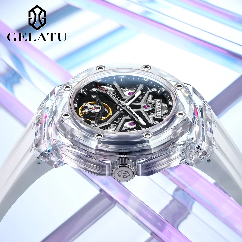 Фото Мужские часы GELATU 8002 Top Luxury, прозрачный корпус, автоматический механический механизм, элегантные спортивные наручные часы для мужчин. №3