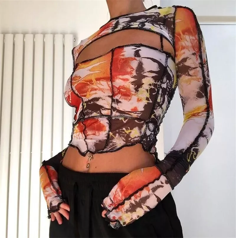 

Harajuku Print Mesh T-shirt Sexy Hollow Out Long Sleeve Pullover Tee Y2K Fairy Grunge Vintage Women Fall Crop Top
