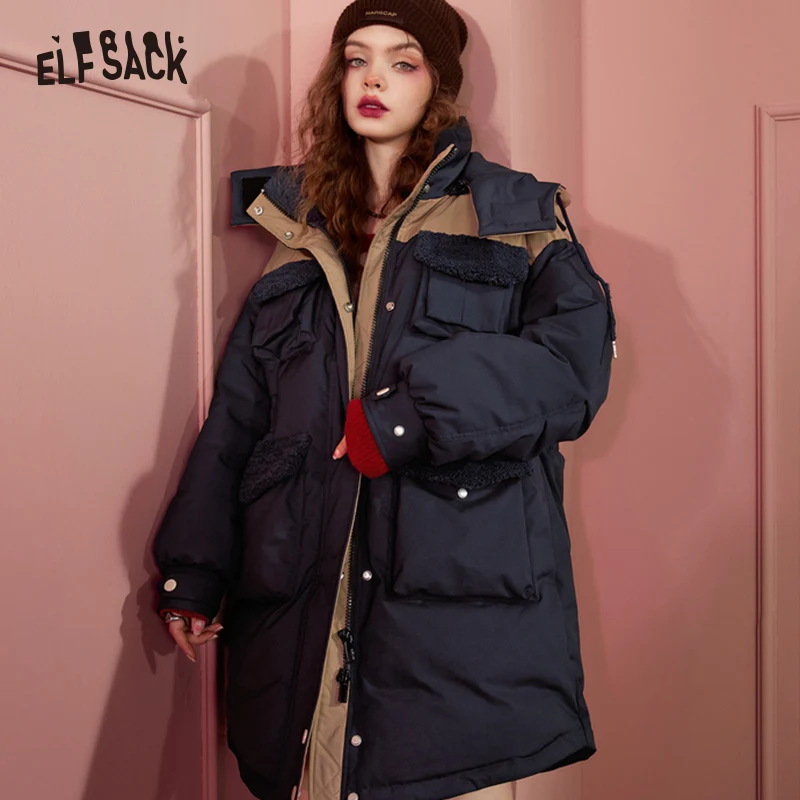 ELFSACK Detachable Hooded Warm Down Coats Women 2022 Winter Mid-length Cargo Coats