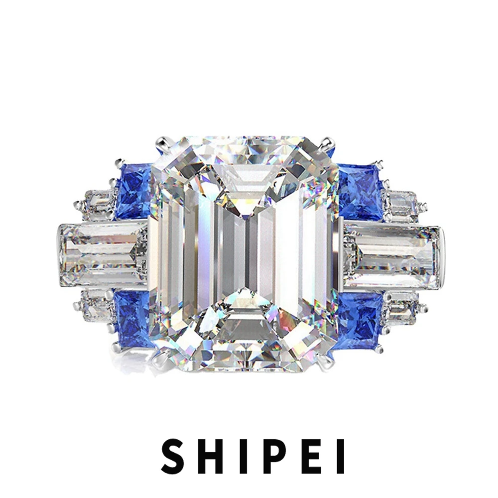 

SHIPEI Luxury 925 Sterling Silver Emerald Cut 4CT White Sapphire Ruby Citrine Gemstone Ring Wedding Engagement Fine Jewelry Gift