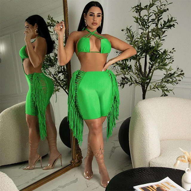 Сексуальный Однотонный женский комплект из двух предметов с бахромой спортивный