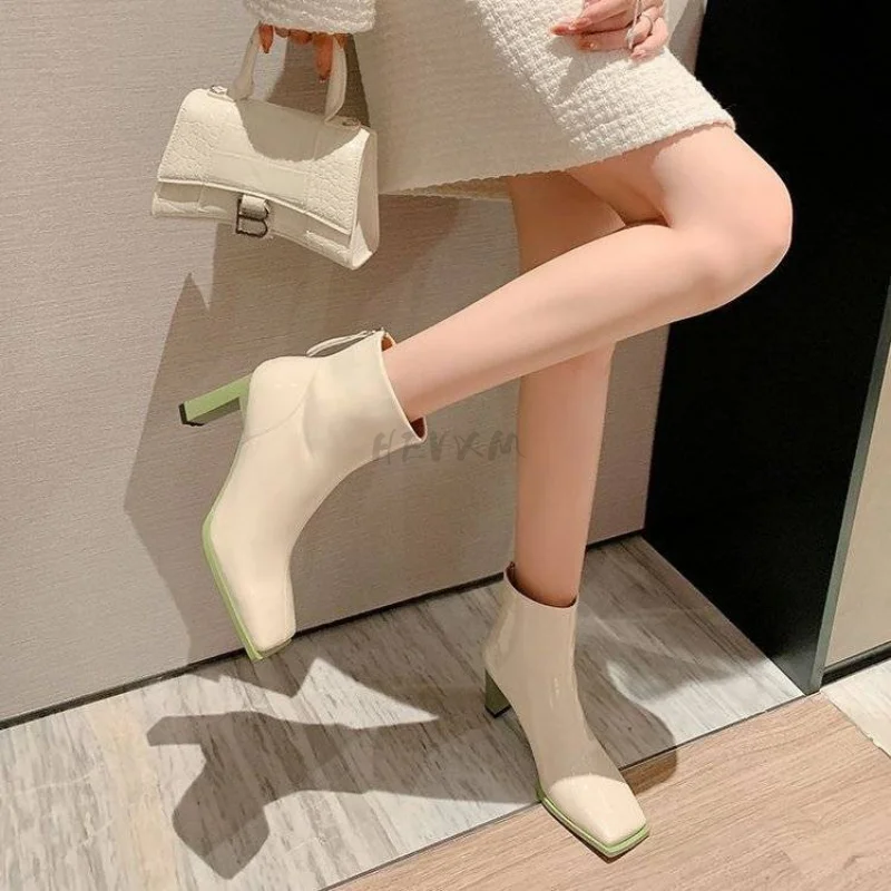 2023 High-heeled Women's Short Boots Autumn and Winter New Square Toe Simple Rear Zipper Thick Heel Fashion Boots for Women