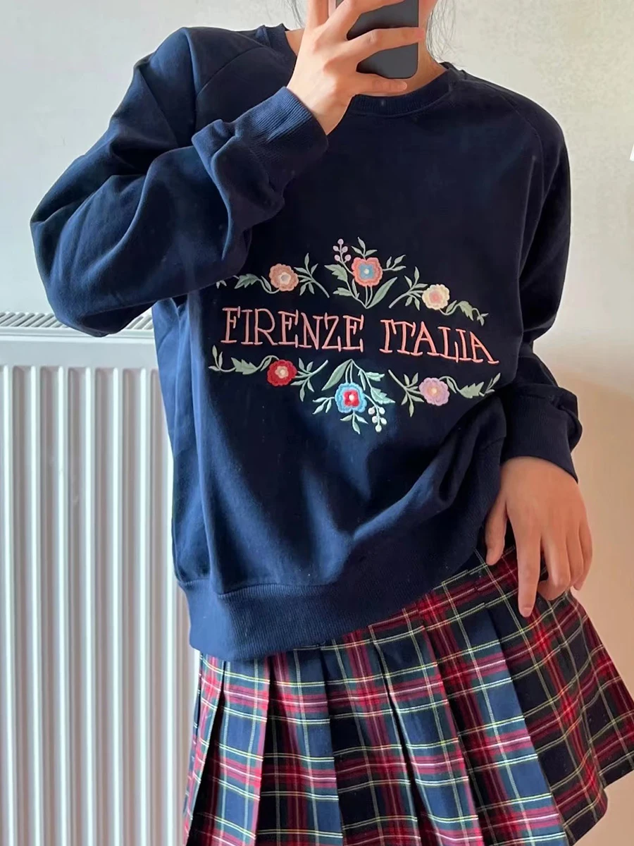 

Женские свитшоты с цветочной вышивкой и надписью, новинка 2022, графический свободный Женский свитшот с круглым вырезом и длинным рукавом