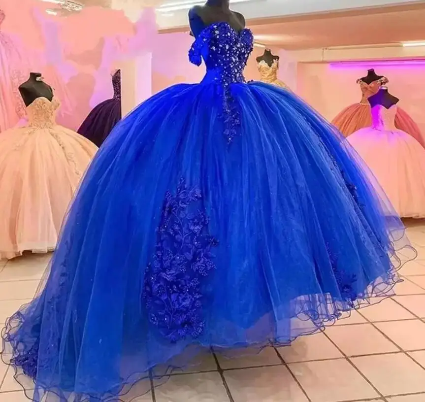 

Gorgeous Crystal Royal Blue Quinceanera Dress for Sweet 16 Year Ball Gown Sexy Off the Shoulder Puffy Debutante Prom Dresses