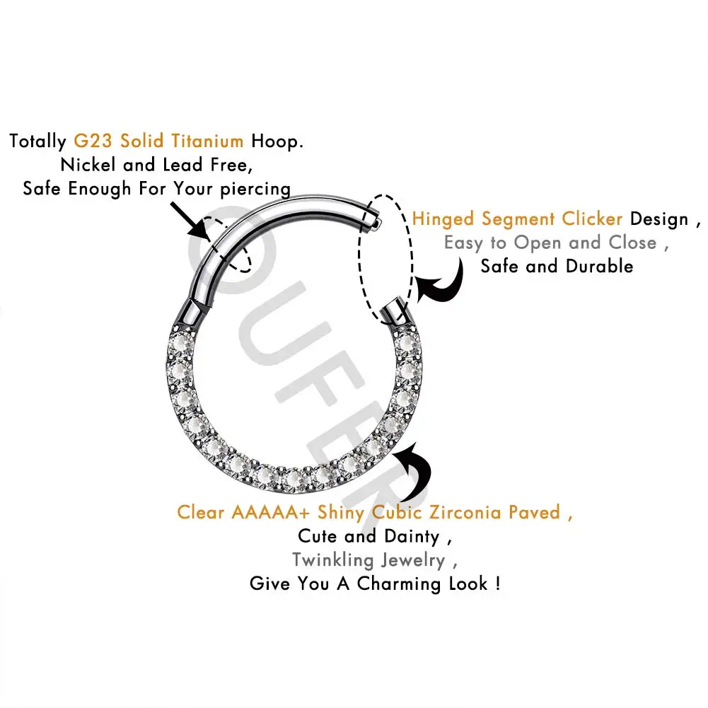 Round ShapeTitanium Nose Ring Zircon Septum Clicker Earrings Hoops Ear Cartilage Tragus Helix Piercing Jewelry