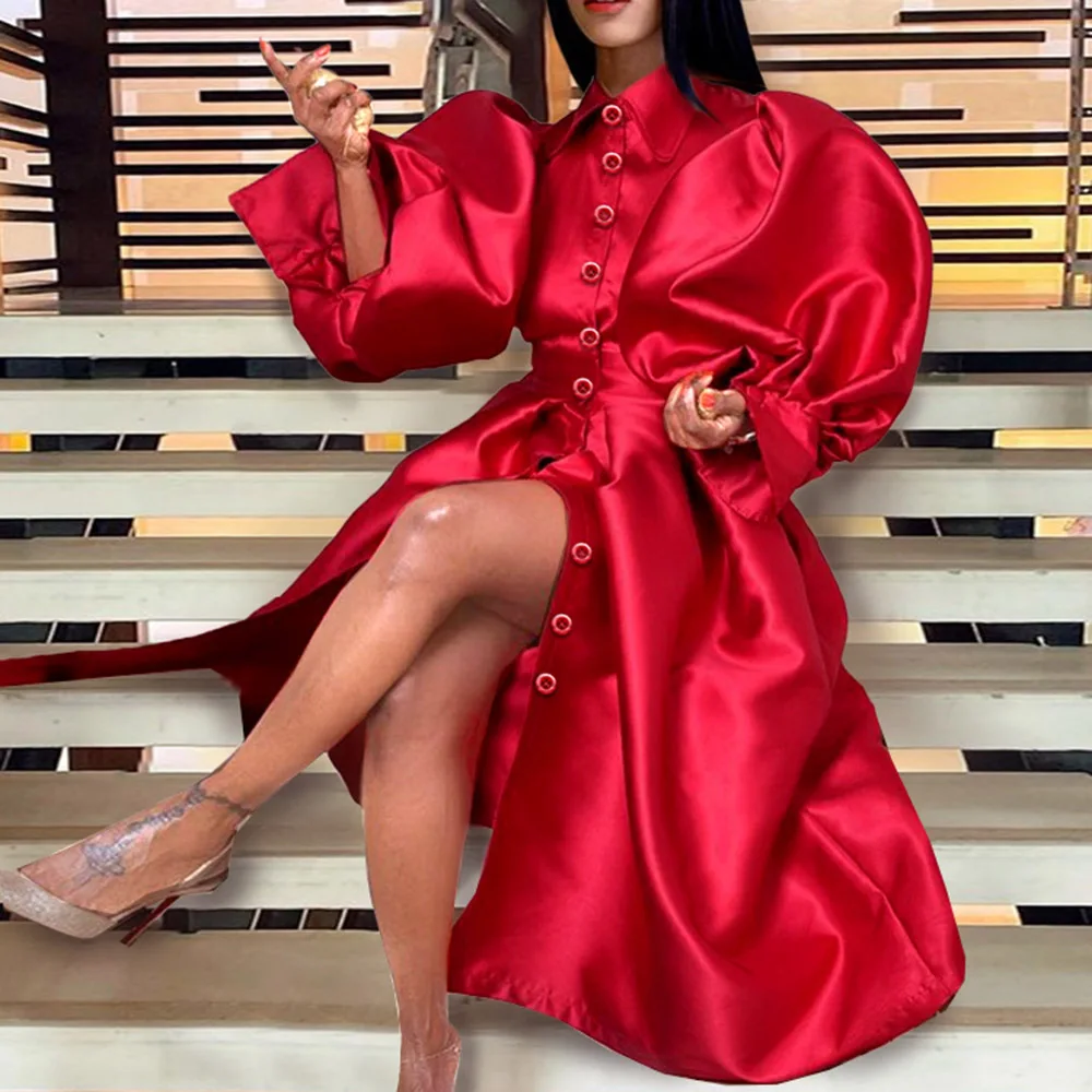 

African Women Long Dress Vintage Red Lantern Long Sleeve Office Lady Retro Evening Midi Fashion Party Button Down Shirt Dresses