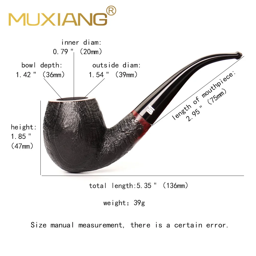 MuXiang Briarwood Tobacco Pipe 9mm filter element filter Hand sandblasted design pipe Curved handle Sherlock Holmes pipe Black